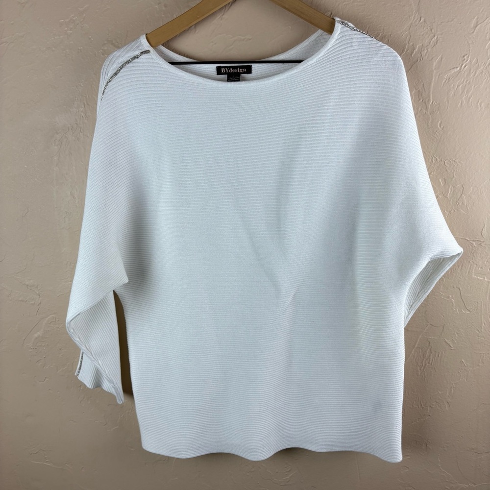 BYdesign White Women's Sweater Rhinestone Embellishment Ribbed Knit Large